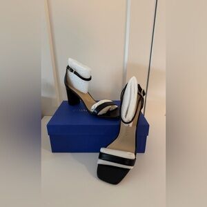 NEW Stuart Weitzman Nudistcurve Black Leather Block Heel Sandal, Size 8.5